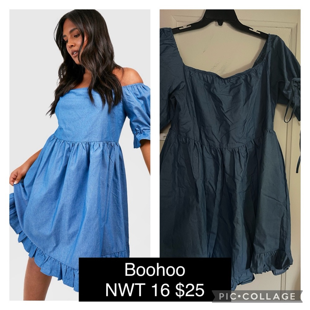 Boohoo Chambray Puff Sleeve Smock Dress